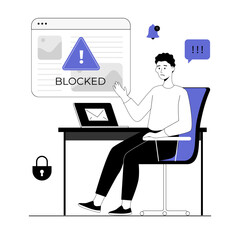 Blocking, banned user account on social media. Error, access is denied. Account safety and secure. Vector illustration with line people for web design.