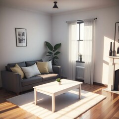 A cozy and well-lit living room featuring a gray sofa with cushions, a white coffee table, and a large plant beside a window.