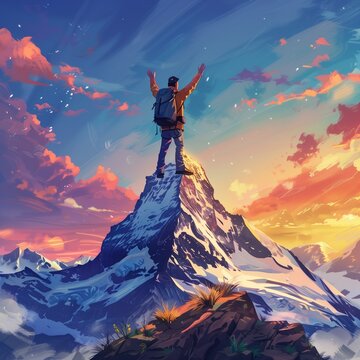 Create a captivating visual representation with an AI illustration, showcasing a traveler celebrating mission success on the peak of a mountain, hands raised in accomplishment