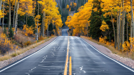 Autumn road in the forest with yellow trees - Powered by Adobe