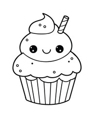 
Cute Kawaii cupcake coloring Pages, Cupcake illustration, cupcake black and white,  cupcake flat design, cake vector art.