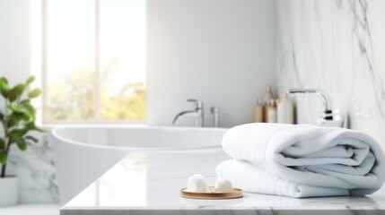 White clean towels on wooden table in bathroom. Spa