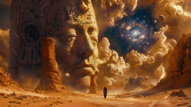 In a desert oasis, a nomadic tribe worships a sandstone monolith depicting a celestial being with stars for eyes, fantasy illustration