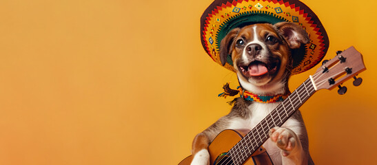 A charming dog wearing a sombrero hat strums a guitar against a yellow background, Cinco de Mayo