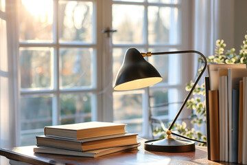 Modern table lamp on table in living room near the window