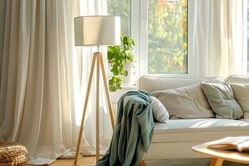 Modern couch with included floor lamp in living room