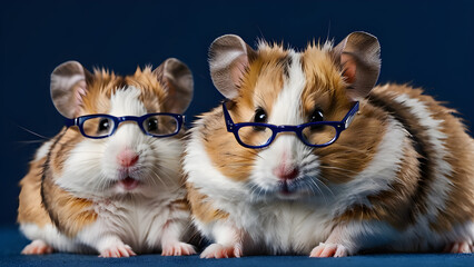 Hamsters with eyeglasses on a blue background. Studio shot.