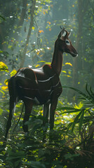 Intriguing Okapi in its Lush Green Natural Habitat Bathed in Warm Sunlight