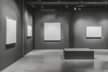 Sophisticated Art Gallery with Slate Grey Walls, Featuring Blank Canvas Frames for Mockups