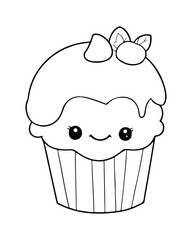 
Cute Kawaii cupcake coloring Pages, Cupcake illustration, cupcake black and white,  cupcake flat design, cake vector art.