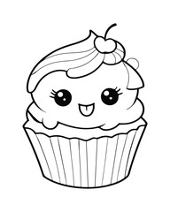 
Cute Kawaii cupcake coloring Pages, Cupcake illustration, cupcake black and white,  cupcake flat design, cake vector art.