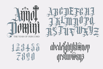 Latin phrase From the Nativity of Christ. Gothic font. Full set of capital, small letters and numbers of the English alphabet in vintage style. Medieval Latin letters. Vector calligraphy and lettering - 787477945
