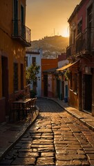 Fototapeta premium A narrow alley in an Andalusian village with a stone path and some tables and chairs.