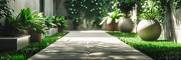 Sunlit Garden Wooden Table, Fresh Summer Greens Background, Outdoor Design and Relaxation Space
