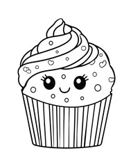 
Cute Kawaii cupcake coloring Pages, Cupcake illustration, cupcake black and white,  cupcake flat design, cake vector art.