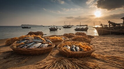 Baskets, brimming with freshly caught fish, occupy sandy shore, their contents glistening under warm glow of setting sun. These baskets, woven with care, hold fish that bear silvery sheen. - obrazy, fototapety, plakaty