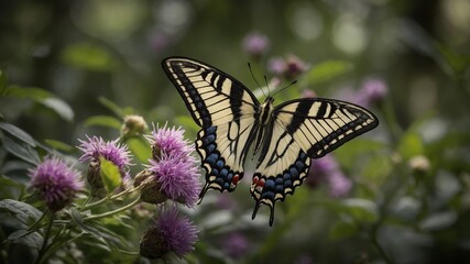 Fototapeta premium Vibrant butterfly, with intricate patterns of yellow, black, blue, red on wings, captured mid-flight, hovering over cluster of blooming purple flowers. Delicate wings spread wide.