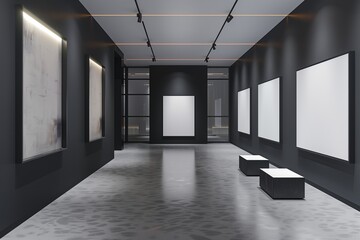 Ultra-Modern Art Gallery with Jet Black Walls and Blank Canvas Frames for Text Mockups