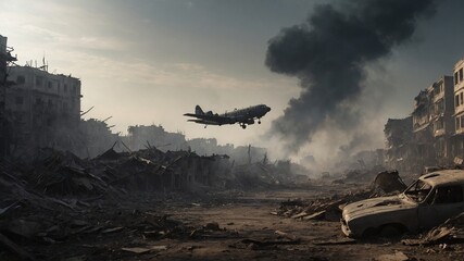 Plane flying low over devastated urban landscape, where buildings reduced to rubble, thick cloud of smoke rises ominously into air. Scene haunting. - obrazy, fototapety, plakaty