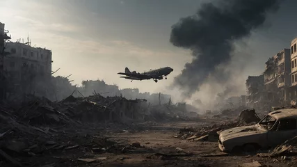 Fotobehang Plane flying low over devastated urban landscape, where buildings reduced to rubble, thick cloud of smoke rises ominously into air. Scene haunting. © Tamazina
