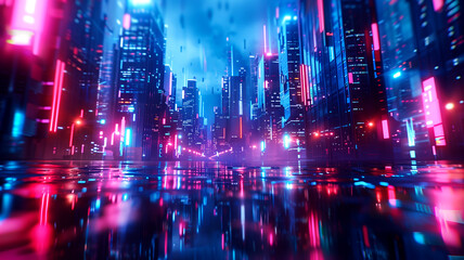 Obraz premium Futuristic cityscape with neon lights and reflections, Fantasy illustration