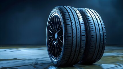 Sleek Tires Showcase - Modern Elegance on Dark Backdrop. Concept Car Photography, Tire Design, Elegant Showcase, Dark Background, Sleek Aesthetics - obrazy, fototapety, plakaty