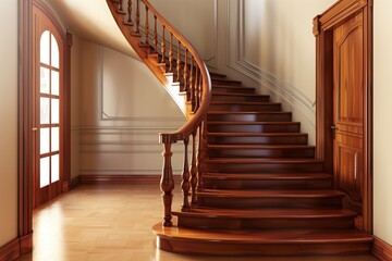 Vintage Wooden Staircase with Glossy Mahogany Finish, Perfectly Illuminated in a Serene Beige Art Gallery, With Copy Space for Text