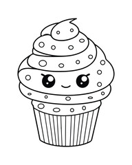 
Cute Kawaii cupcake coloring Pages, Cupcake illustration, cupcake black and white,  cupcake flat design, cake vector art.