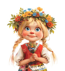 Illustration of a Scandinavian girl in traditional national clothes, with a wreath of wildflowers on her head, greeting card for Midsummer's Day or Mother's Day.
