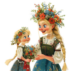 Illustration depicting a Scandinavian young woman in traditional national clothing, with a wreath of wildflowers on her head, holding her child. Greeting card for Midsummer's Day or Mother's Day.