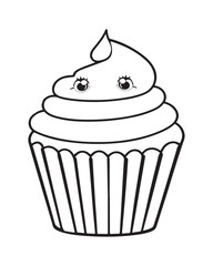 
Cute Kawaii cupcake coloring Pages, Cupcake illustration, cupcake black and white,  cupcake flat design, cake vector art.