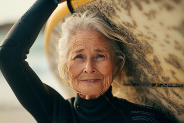 A senior woman with grey hair holding a surfboard on a beach. Active lifestyle and retirement - obrazy, fototapety, plakaty