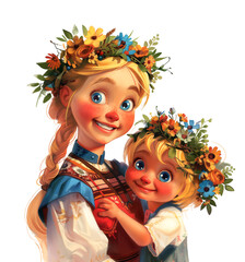 Illustration depicting a Scandinavian young woman in traditional national clothing, with a wreath of wildflowers on her head, holding her child. Greeting card for Midsummer's Day or Mother's Day.