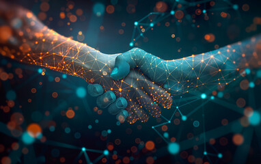 Hands engaging in a futuristic digital handshake with glowing network patterns, showing modern business agreements. - obrazy, fototapety, plakaty