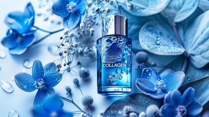 Blue orchid flowers surrounding a collagen serum product, suggesting a connection to nature and...