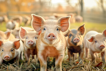 A group of cute piglets standing on the farm on a sunny day and looking at the camera. 
