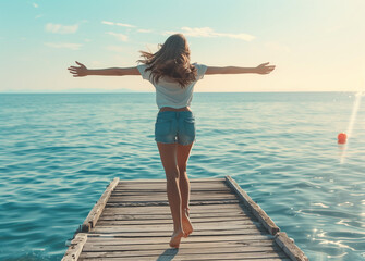 Full body photo of a happy young woman jumping on the wooden pier by the sea