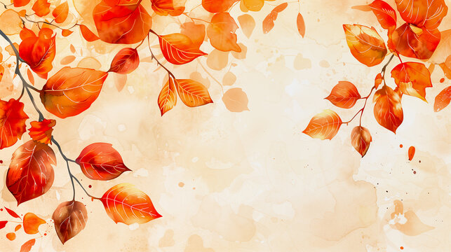 Autumn background with red and orange leaves on a light brown background. Abstract autumn background in the style of a watercolor illustration.