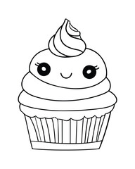 
Cute Kawaii cupcake coloring Pages, Cupcake illustration, cupcake black and white,  cupcake flat design, cake vector art.