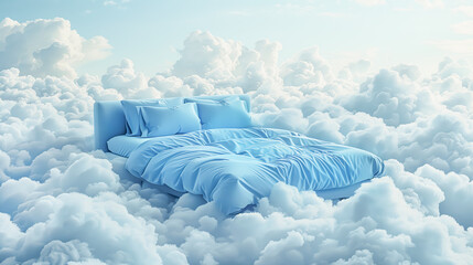 A bed in the clouds with blue sheets and pillows, creating an imaginative dreamy scene. The background is a sky filled with fluffy light blue clouds, giving it a whimsical feel.