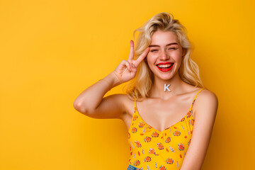 Portrait of an excited blonde woman winking and showing the "ok" sign with her fingers 