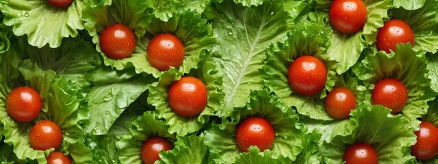Salad of fresh and delicious vegetables. Fresh ripe tomatoes and lettuce leaves covered with water drops. Salad closeup banner. Healthy eating concept. - Powered by Adobe