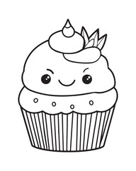 
Cute Kawaii cupcake coloring Pages, Cupcake illustration, cupcake black and white,  cupcake flat design, cake vector art.
