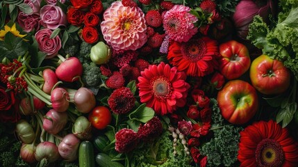 Red and Pink flowers and green vegetables