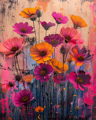 Vibrant Graffiti Flower Wall Art: Mixed Media Print Poster, Modern Grunge, Textured Original, Punk Style, Floral Screen