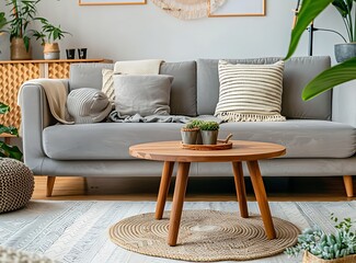 Scandinavian style living room interior with a gray sofa