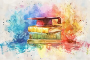 A watercolor illustration of A graduation cap on top of three books, with the colors blending into each other in a rainbow gradient, creating an artistic and colorful effect Generative AI