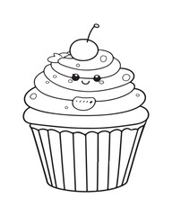 
Cute Kawaii cupcake coloring Pages, Cupcake illustration, cupcake black and white,  cupcake flat design, cake vector art.