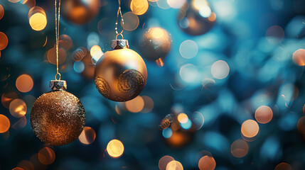 Golden Christmas ornaments hanging with a blurred blue background.