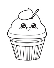 
Cute Kawaii cupcake coloring Pages, Cupcake illustration, cupcake black and white,  cupcake flat design, cake vector art.